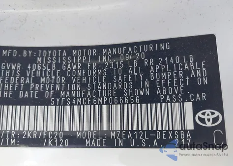 2021 Toyota Corolla Se из США, поврежденный, VIN 5YFS4MCE6MP066656